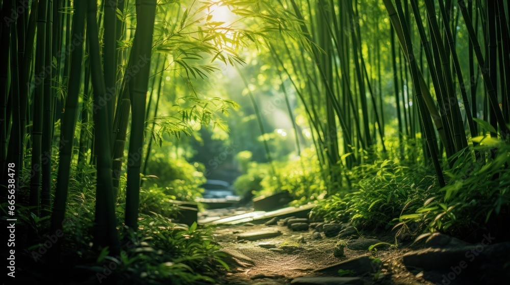 Serene bamboo forest transitions from shadow to light, capturing the play of sunlight on tall, graceful stalks Serene bamboo forest transitions from shadow to light, capturing the play of sunlight on tall, graceful stalks