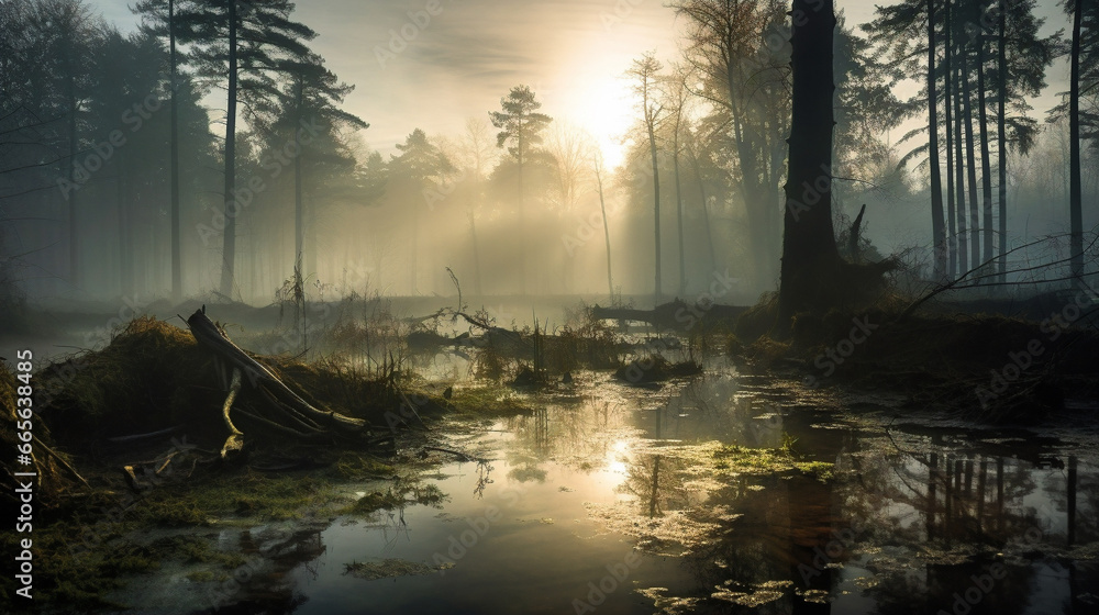 misty morning in forest swamp Generative AI - obrazy, fototapety, plakaty 
