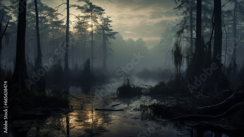 misty morning in forest swamp Generative AI photo