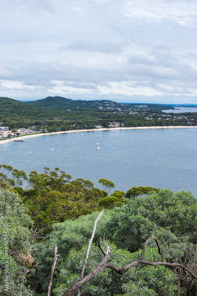A sweeping view over Zenith Beach and Shoal Bay from the Tomaree Mountain Lookout - Shoal Bay, NSW, Australia. March 2021. This was during the Covid 19 pandemic.