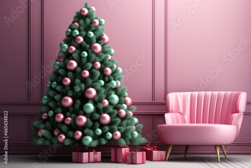 A beautiful Christmas tree in trendy green and pink colors with ball toys in a cozy interior. The apartments are decorated for the new year. Boxes with gifts. Generative AI.