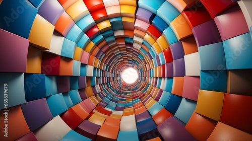 Travel through a vibrant, symmetrical tunnel of art, where swirling colors spiral around a luminous center, transporting you to a wild and whimsical world