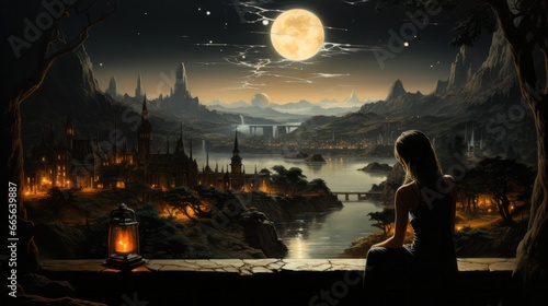 As the night sky enveloped her, a lone woman perched upon the ledge, her eyes transfixed on the city below and the glowing moon above, lost in a moment of wild contemplation