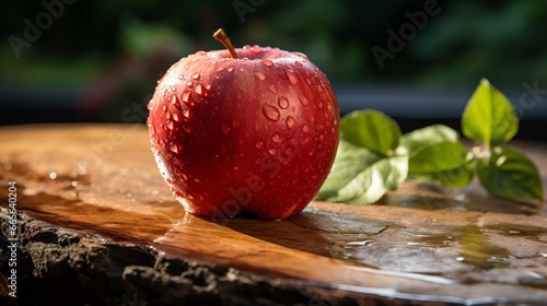 Juicy and vibrant, a red mcintosh apple glistens with dew on the outdoor ground, beckoning to be plucked and savored as a refreshing burst of nature's sweetness photo