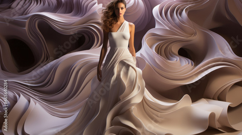 A vision of ethereal beauty, a woman in a flowing white dress becomes a living canvas, her form an exquisite blend of art and femininity photo