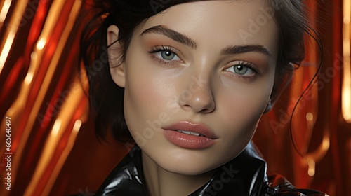 Bold and fierce, a woman with green eyes and a black jacket captivates with her mesmerizing eyelash and lip game in this striking indoor portrait of a fashion-forward makeover