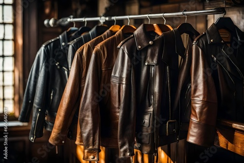 Classical leather motorcycle jacket, hung on an antique coat rack, with the afternoon sunlight streaming through a nearby window
