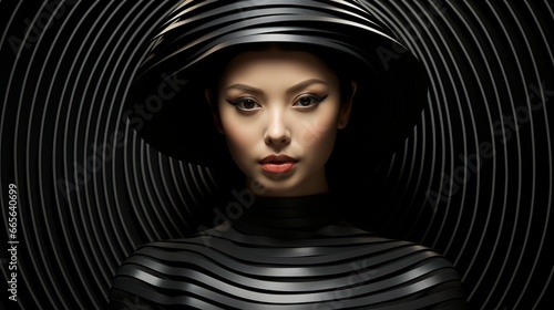 A striking fashionista exudes boldness and mystery in a stunning black striped dress and hat, captured in a captivating portrait of art and femininity