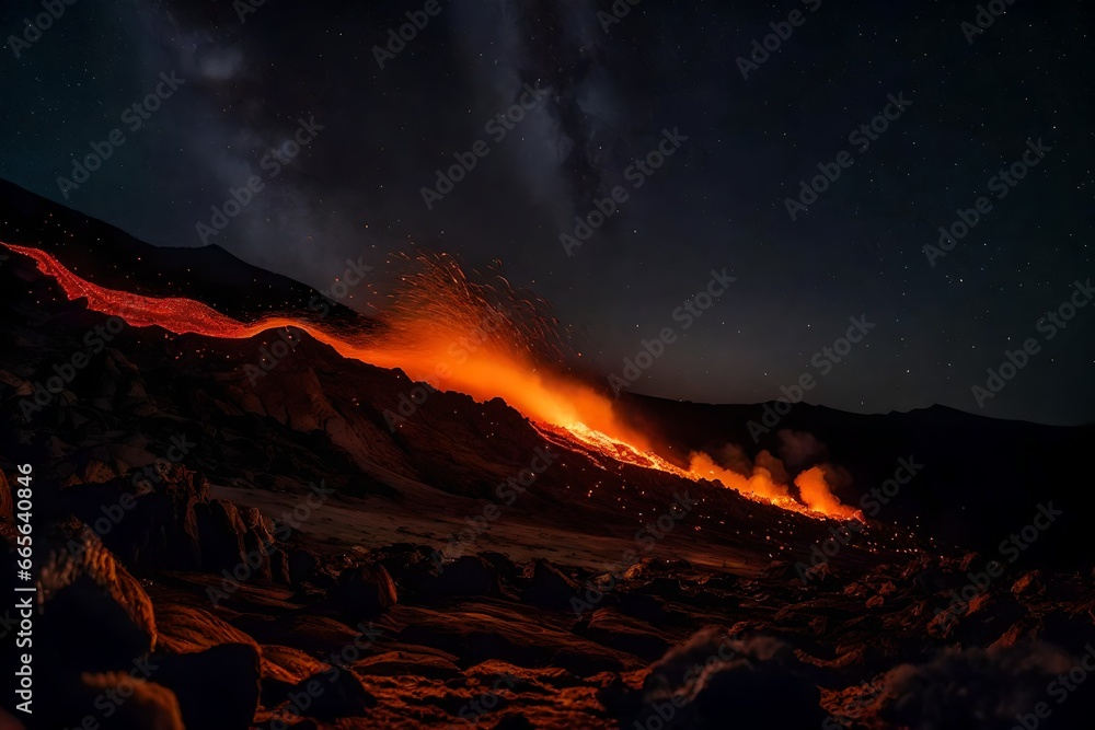 with a wide-angle shot of molten lava spewing into the night sky, creating a dramatic and fiery scene.