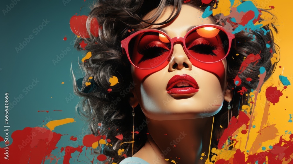 A fiery fashionista paints the town red with her bold red sunglasses, adding a pop of color to her already vibrant and artistic style