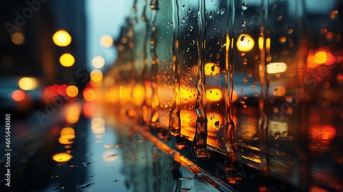 A mesmerizing dance of amber reflections, as water droplets cascade down a window, illuminated by the flickering streetlights of a rainy city night