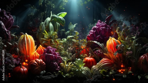 A vibrant underwater garden glows with life as the shimmering light of an aquarium reef illuminates a diverse collection of blooming flowers and thriving plants