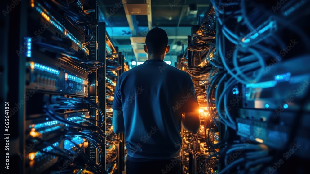 Amidst the hum of servers, network engineers diligently ensure seamless digital connections in a room filled with technology Amidst the hum of servers, network engineers diligently ensure seamless digital connections in a room filled with technology