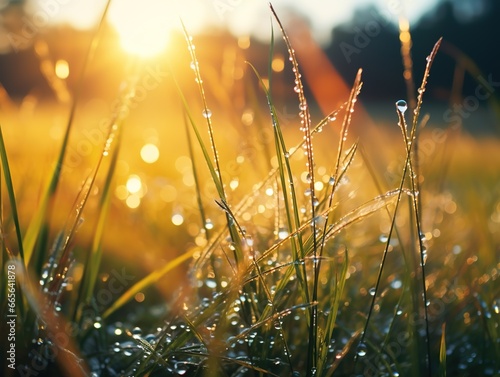Dewy grass during lovely summer sunrise, nature concept