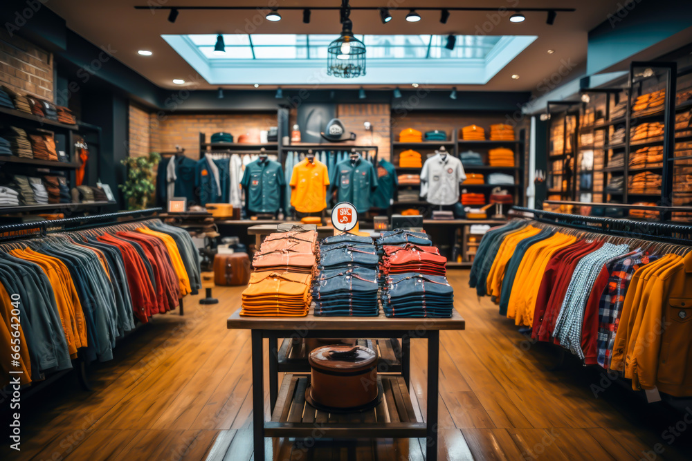 men clothes shop with customers inside, business, stores, clothing, food, services, etc. - obrazy, fototapety, plakaty 