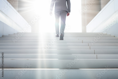 光に向かって階段を登るビジネスマン