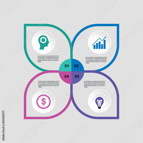 Round flower diagram with 4 colourful petals. Concept of four steps or stages of business cyclical process