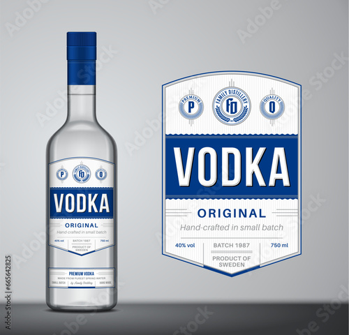 Vector blue and white vodka label template. Vodka glass bottle mockup with label