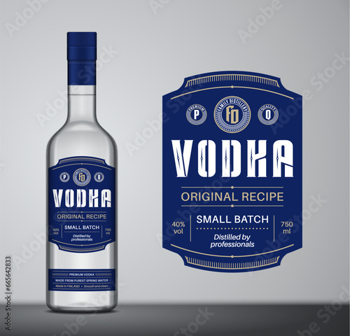 Vector vodka label template. Vodka glass bottle mockup. Distilling business branding and identity design elements