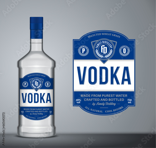 Vector blue and white vodka label template. Vodka glass bottle mockup. Distilling business branding and identity