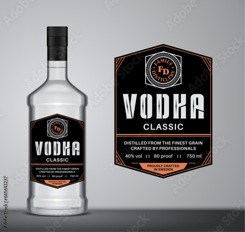 Vector vodka label template. Vodka glass bottle mockup