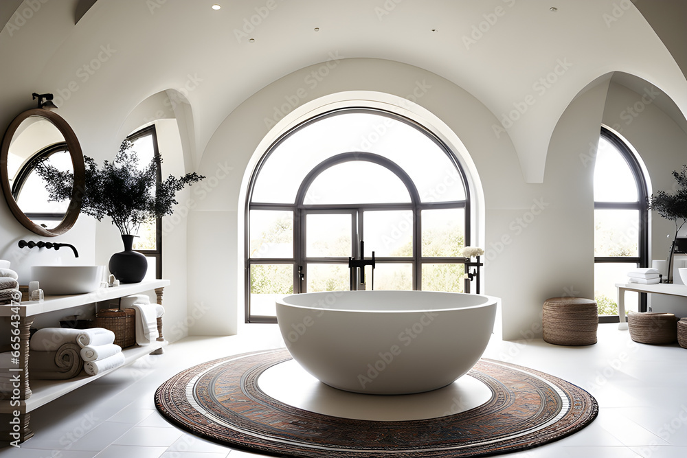 Modern bathroom with arched window, white bathtub and rug in the center. Generative AI