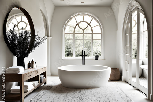Modern bathroom with arched window and white bathtub in the center. Generative AI