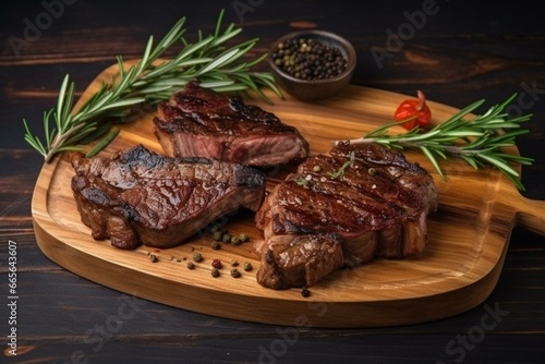 Delicious beef rib eye slices cooked with herbs on a wooden board. Generative AI