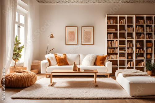 Cozy interior with a large bookshelf and fabric sofa. Generative AI