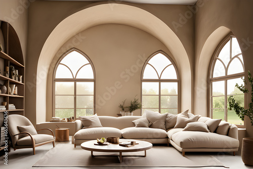 Cozy interior with large arched window and curved sofa. Generative AI