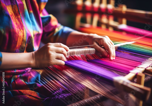 Artisan working on a manual loom. Traditional crafts. Handmade. AI generated