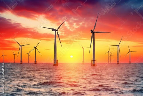 Sunset turbines on offshore wind farm. Eco power concept. Generative AI