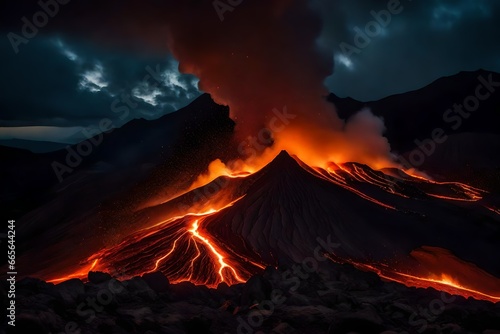A wide-angle shot of molten lava spewing into the night sky, creating a dramatic and fiery scene.