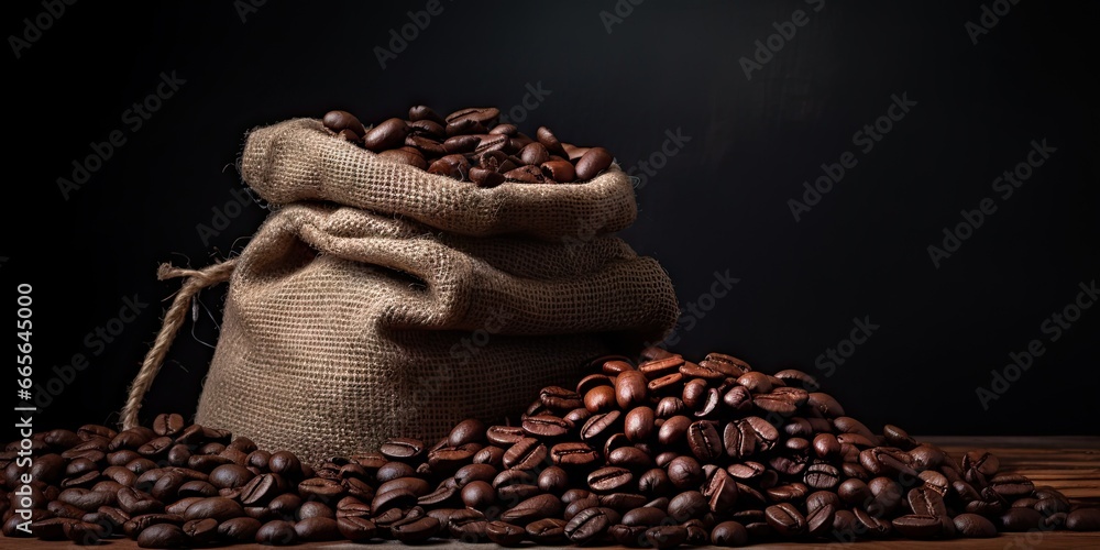 Obraz premium Aroma of morning. Freshly roasted coffee beans with bag for drink. Sipping perfection. Dark roast. Food delight. Espresso in making