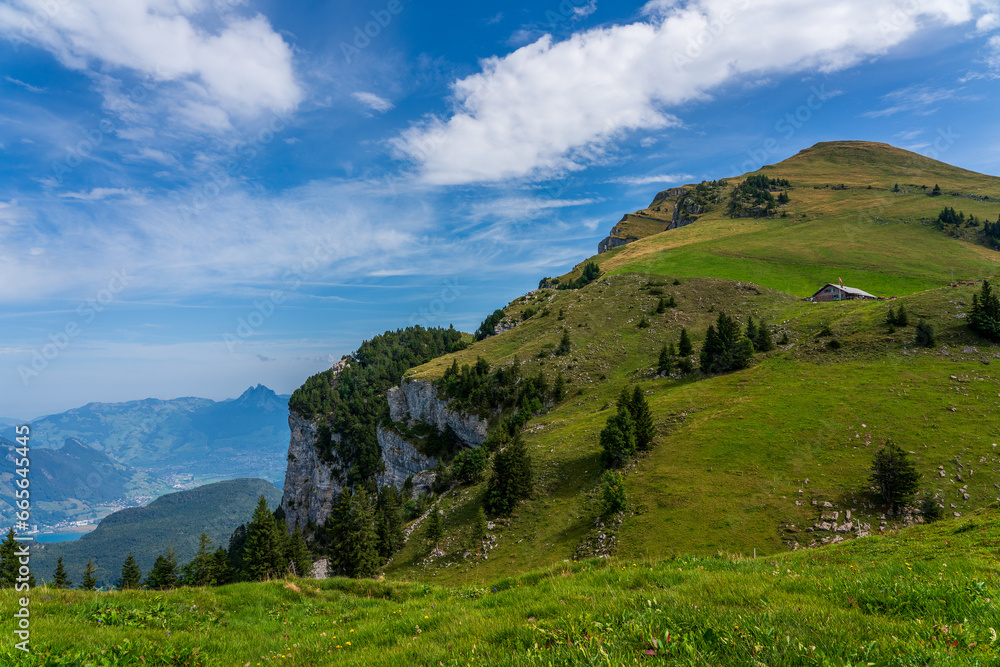 Panoramic view of Swiss mountains and Lake Lucerne.