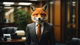Elegant smart looking lawyer fox in business suit in legal firm office, generative ai illustration