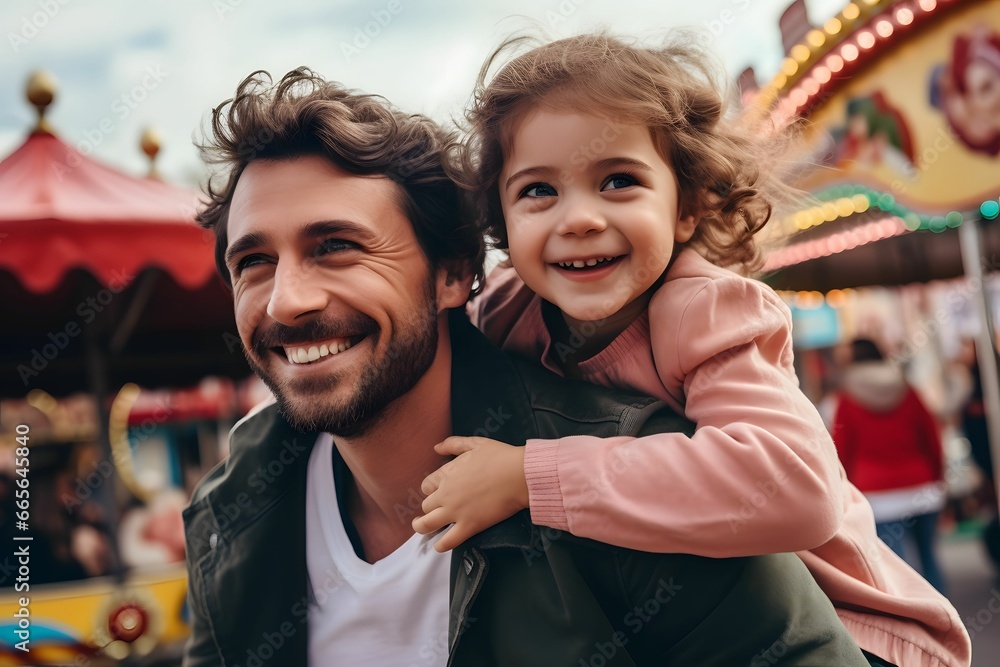Fototapeta premium Happy sIngle father and his daughter having fun together at a amusement park