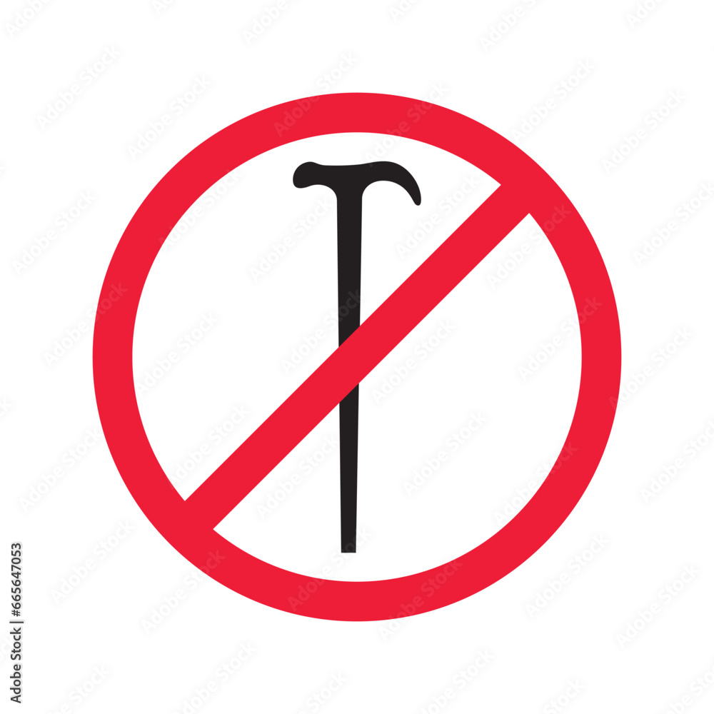 Prohibited walking stick vector icon. No walk stick icon. Forbidden stick icon. No disabled stick tool sign. Warning, caution, attention, restriction, danger flat sign design symbol pictogram Prohibited walking stick vector icon. No walk stick icon. Forbidden stick icon. No disabled stick tool sign. Warning, caution, attention, restriction, danger flat sign design symbol pictogram