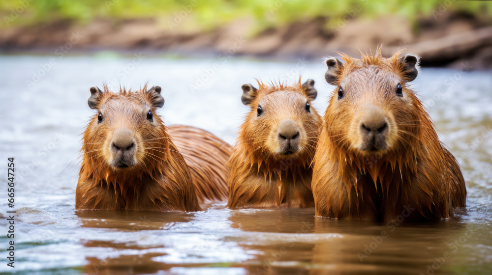 Group of a capybara in water