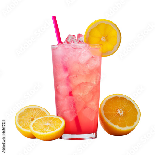 glass of pink lemonade with ice and orange isolated on white background, ai generated