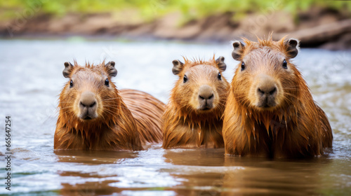 Group of a capybara in water