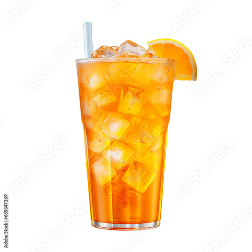 glass of orange soda with ice and tube isolated on white background, ai generated