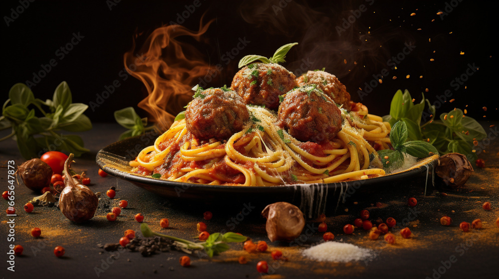 spaghetti with meatballs Generative AI - obrazy, fototapety, plakaty 