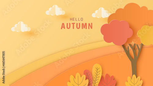 Paper art style of autumn landscape with trees, mountains, leaves. Vector illustration