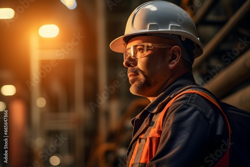 Engineer wearing safety helmet with golden hour light at the industrial factory or power plant © BizTex