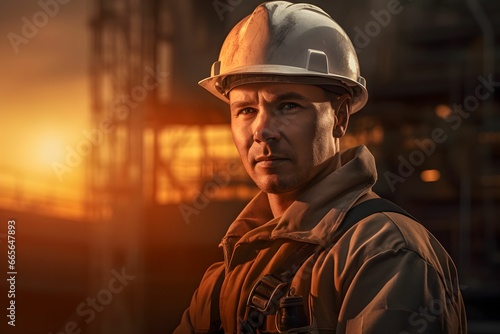 Engineer wearing safety helmet with golden hour light at the industrial factory or power plant