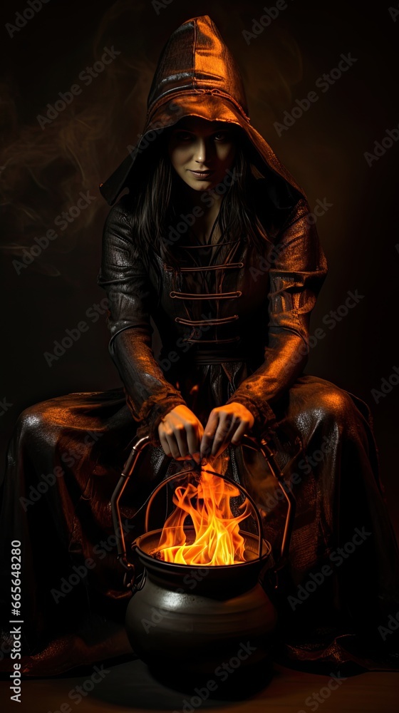 Cackling Firelight Fiend: A witch cackling madly beside a cauldron, with dynamic fire lighting casting wild shadows. Employ a color palette of deep orange and black Cackling Firelight Fiend: A witch cackling madly beside a cauldron, with dynamic fire lighting casting wild shadows. Employ a color palette of deep orange and black