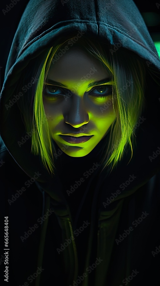Glowing Eyes in the Abyss: Focus on a witch's glowing eyes in pitch darkness, her sinister gaze fixed straight on the camera. Utilize a deep black and neon green color palette Glowing Eyes in the Abyss: Focus on a witch's glowing eyes in pitch darkness, her sinister gaze fixed straight on the camera. Utilize a deep black and neon green color palette