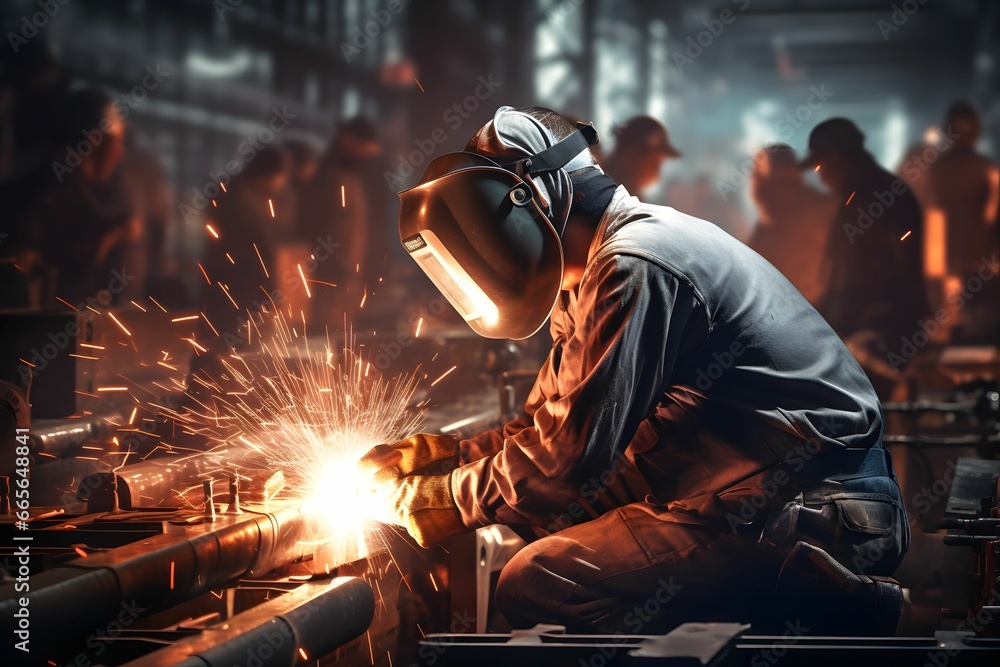 Close up of a man welding metal at a workplace in low light Close up of a man welding metal at a workplace in low light