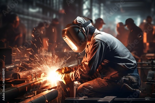 Close up of a man welding metal at a workplace in low light